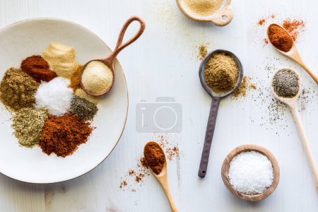 A top down view of piles of spices on various spoons and a plate with copy space in the middle.