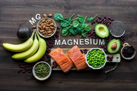 Photo for Various foods high in magnesium with the word magnesium in the middle. A nutrition concept. - Royalty Free Image