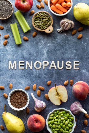 Foto de Vista de arriba hacia abajo de alimentos ricos en fitoestrógenos que pueden beneficiar a las hormonas durante la menopausia. - Imagen libre de derechos