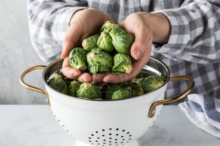 Photo for Hands holding a pile of brussels sprouts over a colander. - Royalty Free Image