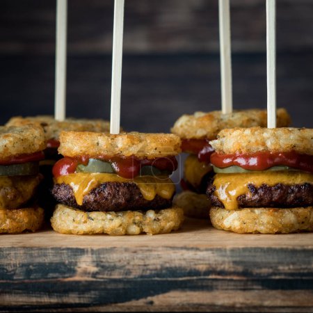 A close up of delicious tater and beef appetizer sliders with bamboo skewers for serving. 