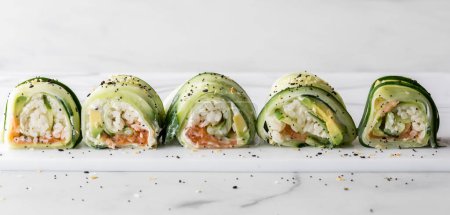 Un gros plan d'une rangée de sushis au concombre faits maison roule sur une planche à découper blanche. 