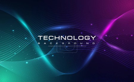 Illustration for Digital technology blue green background, online cyber media algorithm, pink abstract wave futuristic circuit tech, innovation future internet network connection, Ai big data, dot illustration vector - Royalty Free Image