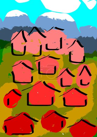 Foto de Patrón sin costuras con casas coloridas y pueblo en el fondo - Imagen libre de derechos