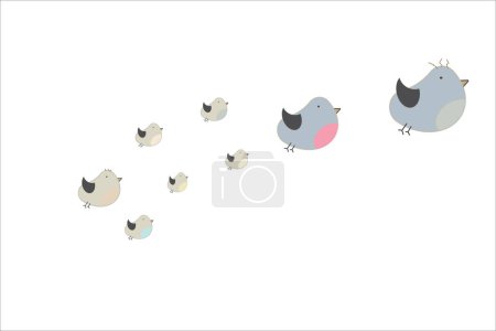 Illustration vectorielle d'un troupeau volant d'oiseaux mignons sur fond blanc.