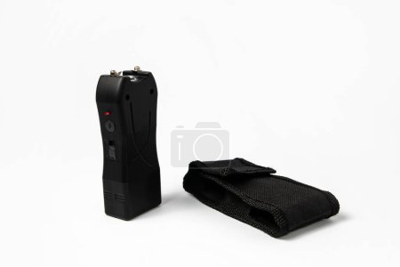Black electric shocker and flashlight with a bag on a white background
