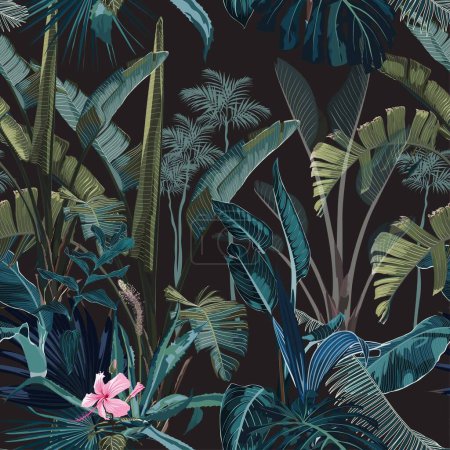 Tropical vintage palmera, monstera, planta, flores strelitzia florales borde sin costura fondo negro. Exótico vintage selva fondo de pantalla.