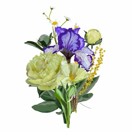 Illustration for Beautiful spring bouquet. Vector illustration of realistic violet yellow flower bouquet. Irys, tulip, peony. - Royalty Free Image