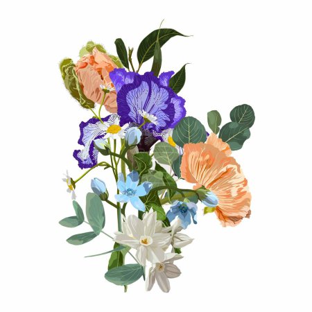 Illustration for Beautiful spring bouquet. Vector illustration of realistic flower bouquet. Irys, poppy, narcissus. - Royalty Free Image