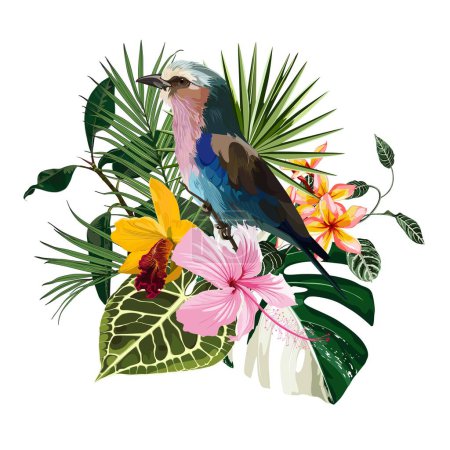 Summer design with Lilac breasted Roller bird, tropical beach background banners. Voucher discount. Card template.