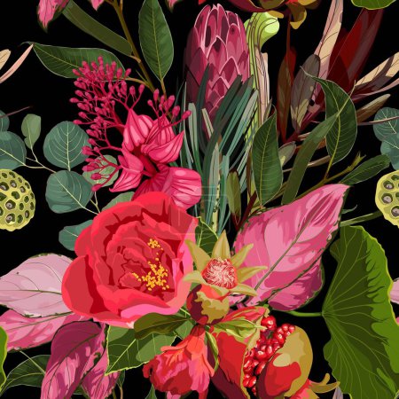 Ilustración de Patrón floral sin costuras con protea rosa roja brillante y flores tropicales, hojas sobre un fondo negro. - Imagen libre de derechos