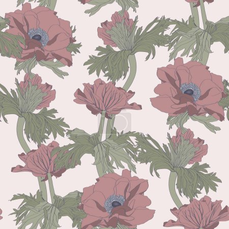 Seamless pattern with image Anemones flowers. The Japanese anemone flowers and stem seamless pattern. Simple colored flowers.