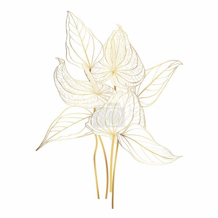 Floral bouquets with golden line hand drawn herbs, tropical palm leaves and anthurium (a.k.a. Tailflower, Flamingo Flower) in sketch style.