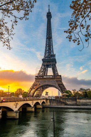 Eiffel Tower photography from Jena Bridge. Sunrise in Paris, France