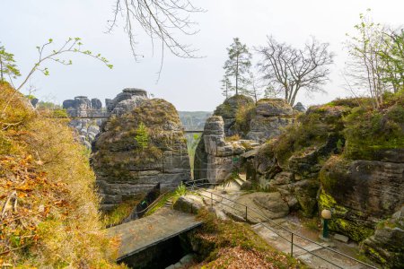 Saisonale Farben umrahmen die felsigen Überreste von Schloss Neurathen in den Sandsteinfelsen von Bastai im Nationalpark Sächsische Schweiz. Deutschland
