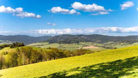 A scenic view of rolling green hills and distant mountains in the Kralicky Sneznik Mountains of Czechia. The landscape is bathed in warm sunlight, creating a serene and peaceful atmosphere.