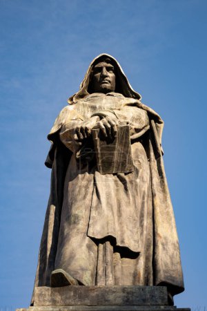 The Monument to Giordano Bruno, a bronze statue of the Italian philosopher and Dominican friar, located in Campo de Fiori, Rome. The statue depicts Bruno standing with a book in his hand.