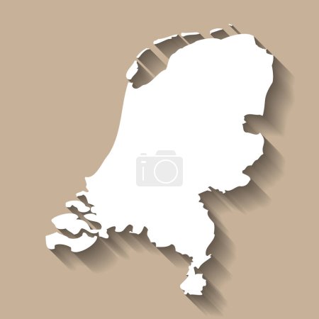 Netherlands country silhouette. High detailed map. White country silhouette with dropped long shadow on beige background.