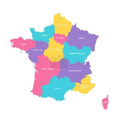 France political map of administrative divisions - regions. Colorful vector map with labels.