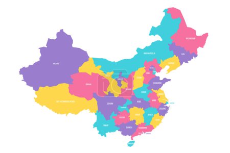 China political map of administrative divisions - provinces, autonomous regions and municipalities. Colorful vector map with labels.