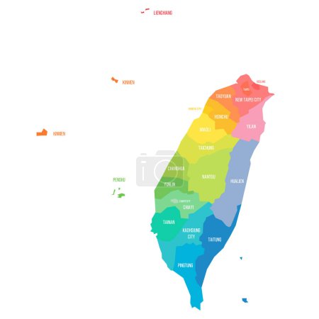 Taiwan political map of administrative divisions - provinces and special municipalities. Colorful rainbow spectrum vector map with labels.