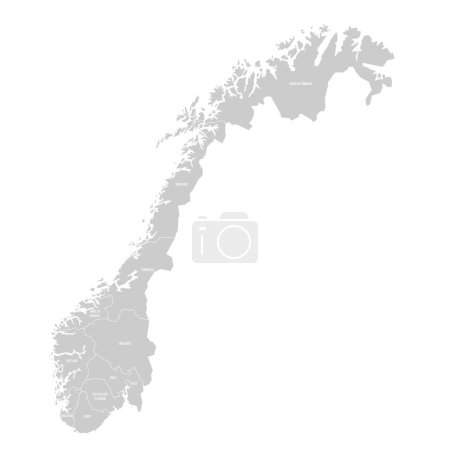 Norway political map of administrative divisions - counties and autonomous city of Oslo. Solid light gray map with white line borders and labels.