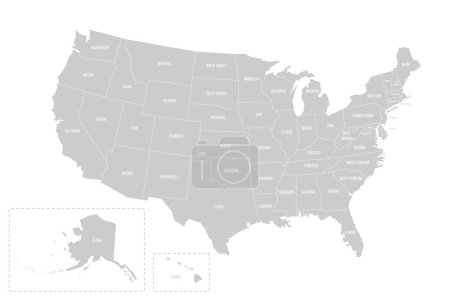 United States of America political map of administrative divisions - states and federal district Washington, D.C. Solid light gray map with white line borders and labels.