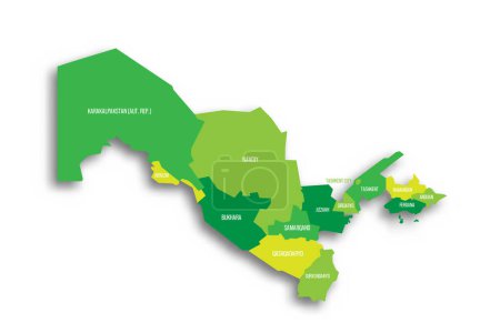 Usbekistan politische Landkarte der Verwaltungseinheiten - Regionen, autonome Republik Karakalpakstan und unabhängige Stadt Taschkent. Grüne flache Vektorkarte mit fallendem Schatten und Teilungsnamen