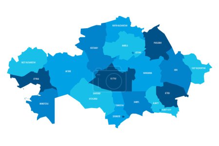 Kazakhstan political map of administrative divisions - regions and cities with region rights and city of republic significance Baikonur. Flat blue vector map with name labels.