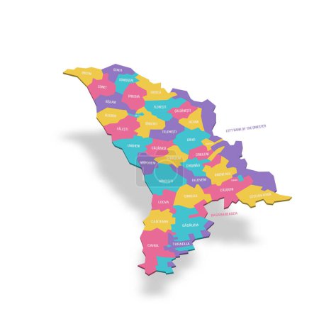 Moldova political map of administrative divisions - districts, municipalities and two autonomous territorial units - Gaugazia and Left Bank of the Dniester. 3D colorful vector map with name labels.