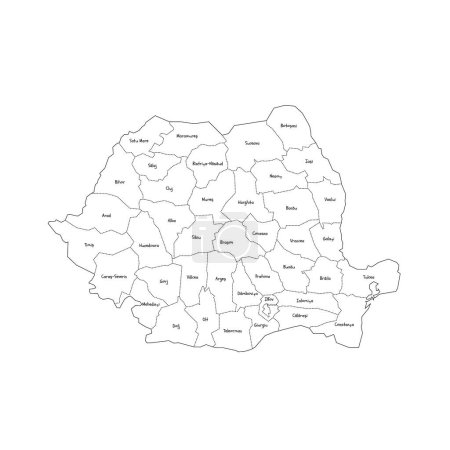 Romania political map of administrative divisions - counties and autonomous municipality of Bucharest. Handdrawn doodle style map with black outline borders and name labels.