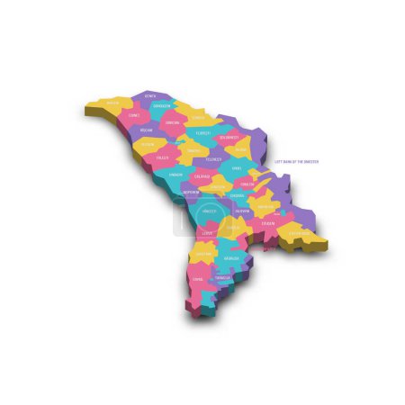 Moldova political map of administrative divisions - districts, municipalities and two autonomous territorial units - Gaugazia and Left Bank of the Dniester. Colorful 3D vector map with dropped shadow