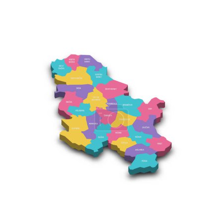 Serbia political map of administrative divisions - okrugs and autonomous city of Belgrade. Colorful 3D vector map with dropped shadow and country name labels.