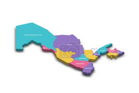 Uzbekistán mapa político de las divisiones administrativas regiones, república autónoma de Karakalpakstan y ciudad independiente de Tashkent. Colorido mapa vectorial 3D con sombra caída y nombre de país
