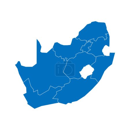 Südafrikas politische Landkarte der administrativen Teilungen - Provinzen. Einfarbige blaue leere Vektorkarte mit weißen Rändern.