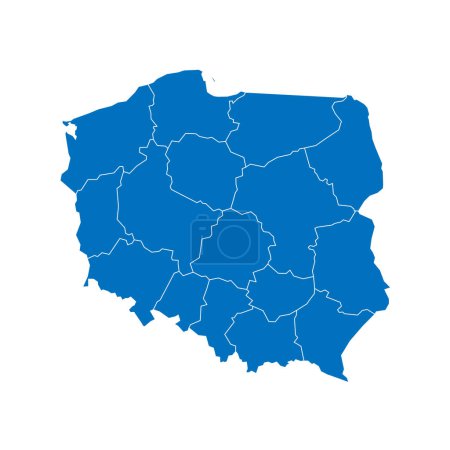Poland political map of administrative divisions - voivodeships. Solid blue blank vector map with white borders.