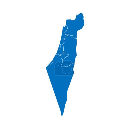 Carte politique israélienne des divisions administratives - districts, bande de Gaza et zone de Judée-Samarie. Carte vectorielle vide bleue pleine avec des bordures blanches.