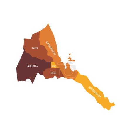 Eritrea political map of administrative divisions - regions. Flat vector map with name labels. Brown - orange color scheme.