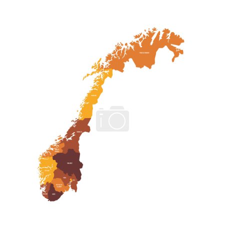 Norway political map of administrative divisions - counties and autonomous city of Oslo. Flat vector map with name labels. Brown - orange color scheme.