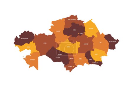 Kasachstan politische Landkarte der administrativen Teilungen - Regionen und Städte mit regionalen Rechten und Stadt von republikanischer Bedeutung Baikonur. Flache Vektorkarte mit Namensbezeichnungen. Braun - orange Farbgebung.