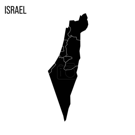 Israel mapa político de las divisiones administrativas - distritos, Franja de Gaza, Judea y Samaria. Mapa en blanco negro y título del nombre del país.