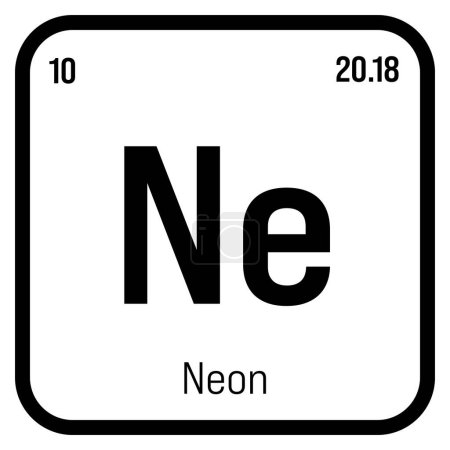 Neon, Ne, Periodensystem mit Namen, Symbol, Ordnungszahl und Gewicht. Inertgas mit verschiedenen industriellen Anwendungen wie Beleuchtung, Laser und als Füllgas in bestimmten Isolationsarten.