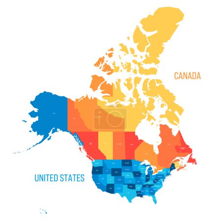 Estados Unidos y Canadá mapa político de las divisiones administrativas. Mapa vectorial colorido con etiquetas.