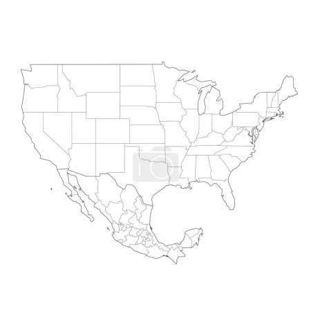 United States and Mexico political map of administrative divisions. Blank black outline vector map