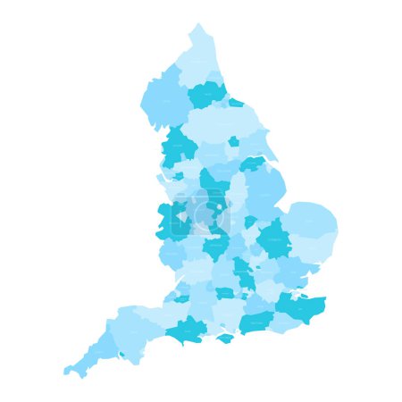 Landkarte der Verwaltungseinheiten Englands. Metropolregionen und Nicht-Metropolregionen und Einheitsbehörden. Blaue Vektorkarte mit Beschriftungen.