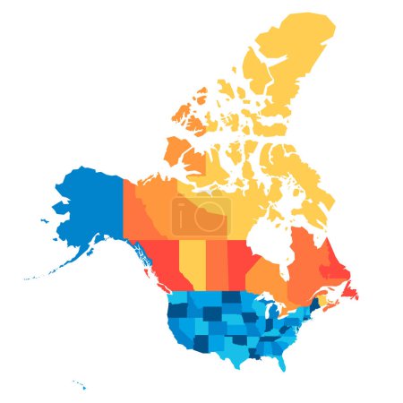 Estados Unidos y Canadá mapa político de las divisiones administrativas. Mapa vectorial colorido en blanco.