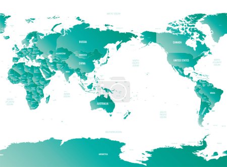 Mapa del mundo Asia, Australia y el Océano Pacífico centrado. Mapa político detallado de Mundo con nombres de países, océanos y mares etiquetados.