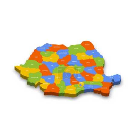 Romania political map of administrative divisions - counties and autonomous municipality of Bucharest. Colorful 3D vector map with country province names and dropped shadow.
