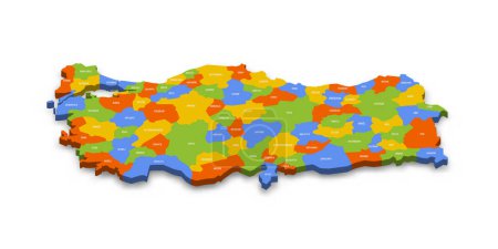 Turquie carte politique des divisions administratives - provinces. Carte vectorielle 3D colorée avec noms de provinces de pays et ombre portée.