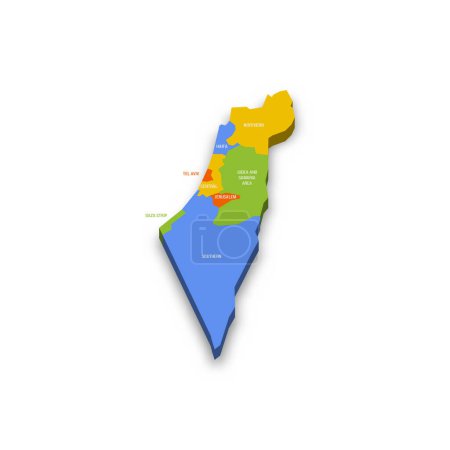 Israel politische Landkarte der Verwaltungseinheiten - Bezirke, Gazastreifen und Gebiet Judäa und Samarien. Bunte 3D-Vektorkarte mit Ländernamen und Schlagschatten.